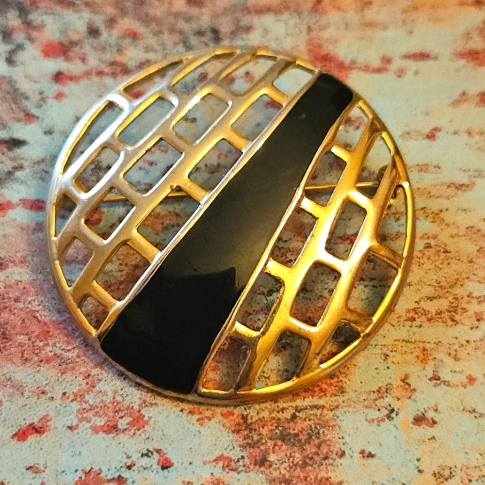 Vintage MJ ENT Signed Couture Gold Metal & Black Enamel Large Brooch Pin